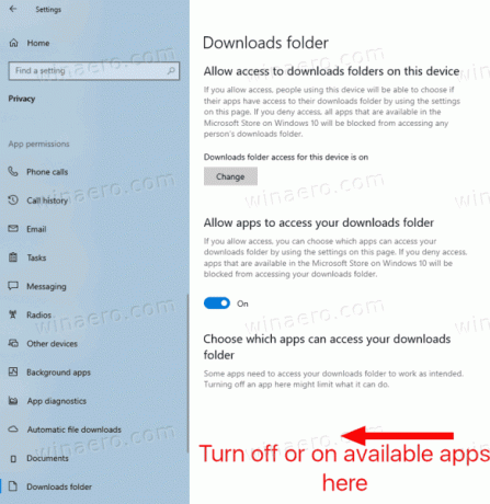 Windows 10 разрешает запретить приложению доступ к папке загрузок для каждого приложения