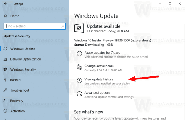 „Windows 10“ naujinimo istorijos mygtukas