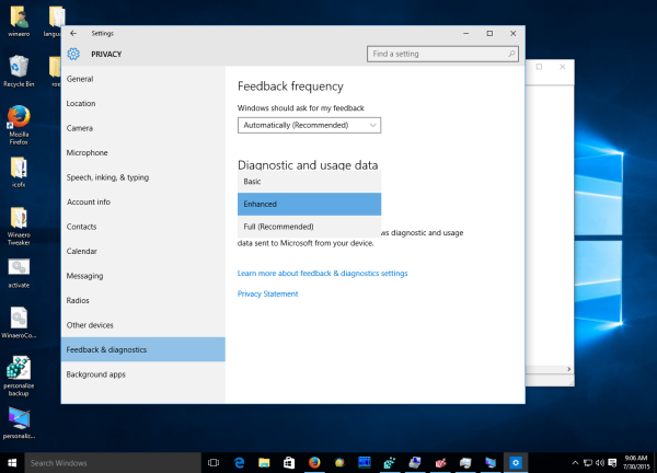 Tilbakemeldingsalternativer for Windows 10
