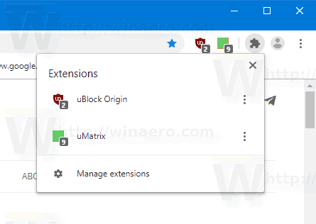 תפריט הרחבה של Chrome