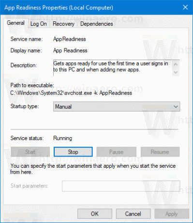 Stopp tjenesten i Windows 10 fra egenskaper 