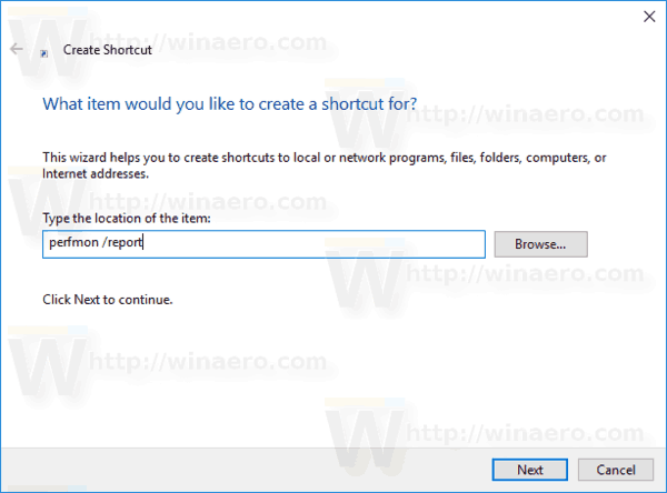 קיצור דרך לדוח ביצועים של Windows 10