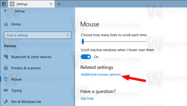 Odkaz na další možnosti myši systému Windows 10
