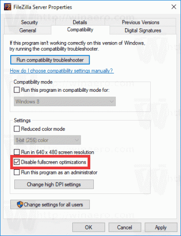 Windows 10 Απενεργοποιήστε τις βελτιστοποιήσεις πλήρους οθόνης ανά εφαρμογή
