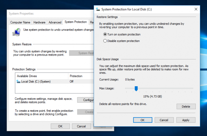 시스템 보호 슬라이더 Windows 10