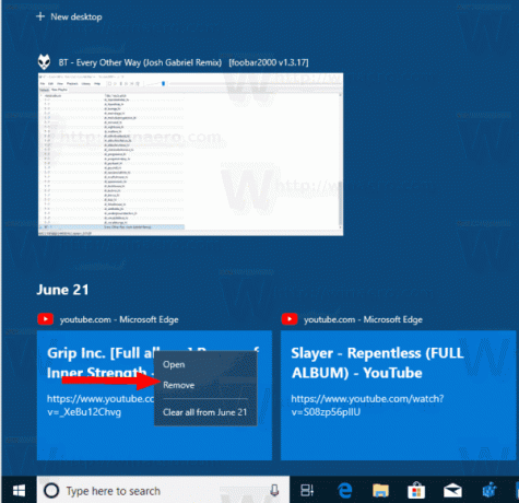 Widok zadań Windows 10 z osią czasu Usuń określoną aktywność