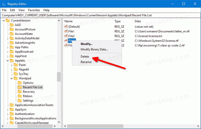 Vymazat poslední dokumenty v aplikaci WordPad v systému Windows 10