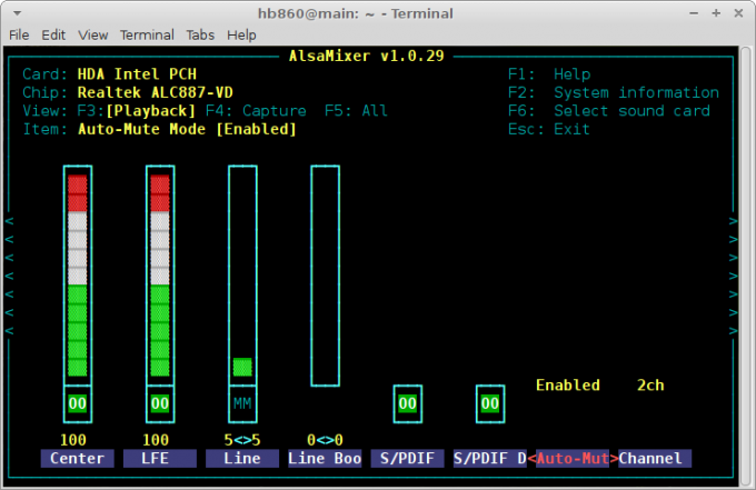 Приложение XFCE terminal alsamixer auto-mute mode