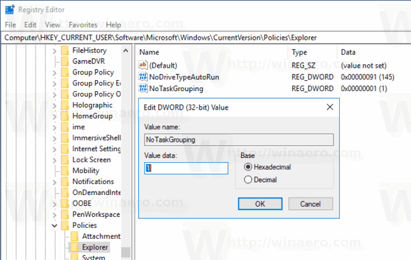 Windows 10 Απενεργοποίηση ομαδοποίησης της γραμμής εργασιών Regedit