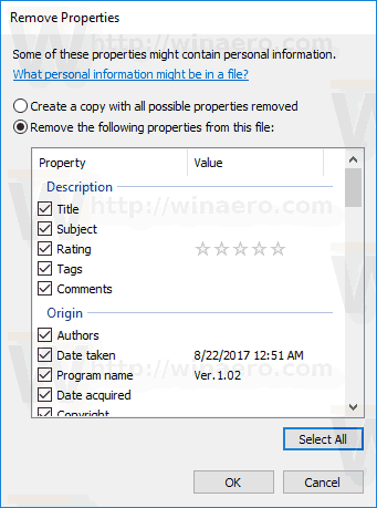 Noņemiet visu Exif informāciju Windows 10