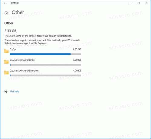 „Windows 10“ nustatymai rodo didelius aplankus skiltyje „Kita“.