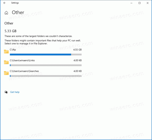 تعرض إعدادات Windows 10 مجلدات كبيرة ضمن أخرى