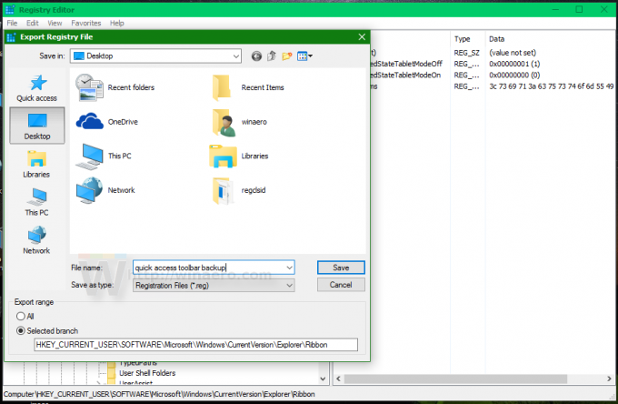 Dialogové okno exportu registru pásu karet systému Windows 10
