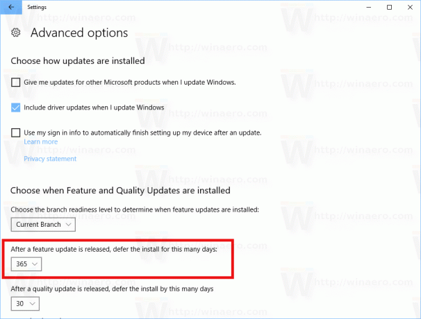 Aktualizace funkce Windows 10 Odložit