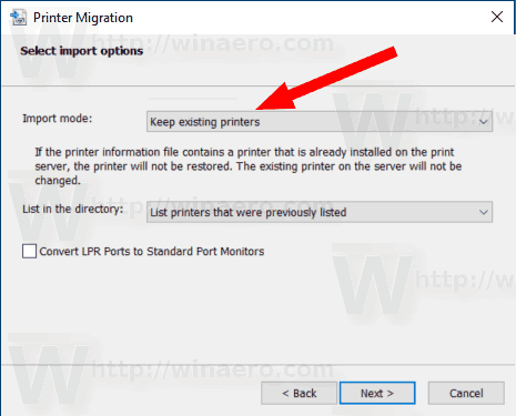 Windows 10 Restaurare imprimante Păstrați suprascriere
