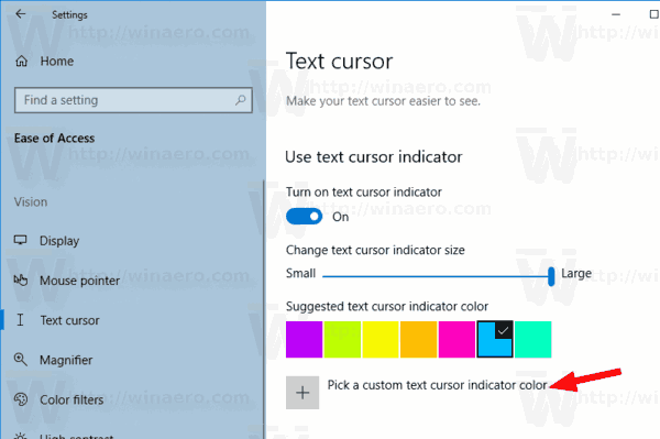 Color del indicador de texto de Windows 10 Establecer color personalizado