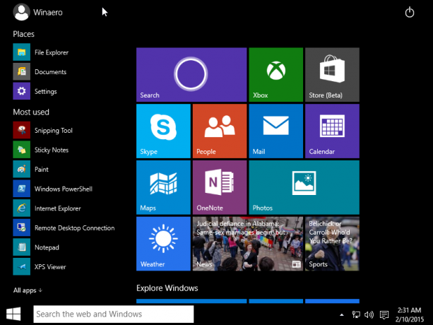 „Windows 10“ planšetinio kompiuterio režimo pradžios meniu