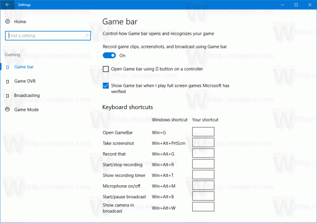 Postavke u sustavu Windows 10 Opcije trake za igre
