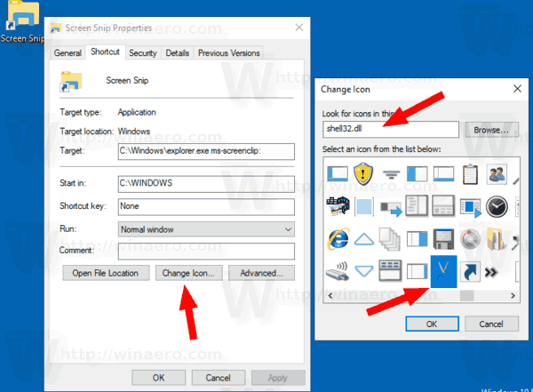 Икона за пряк път за изрязване на екрана на Windows 10