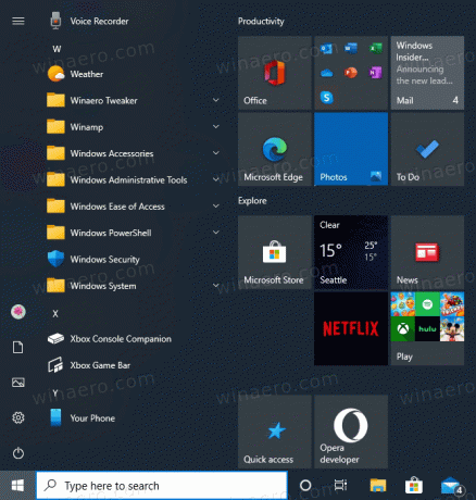시작 메뉴의 Windows 10 새 폴더 아이콘