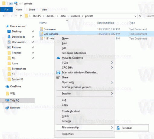 Menu contestuale di Windows 10 Decrittografa un file