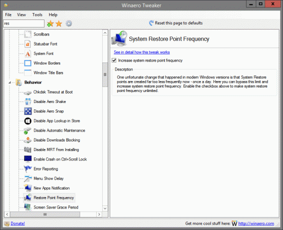 Честота на точките за възстановяване на Winaero Tweaker
