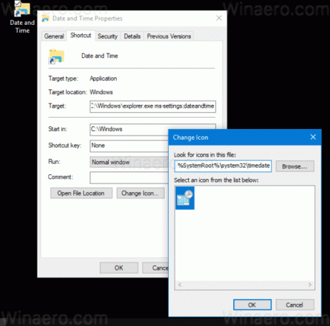 Windows10の日付と時刻のショートカットアイコン 