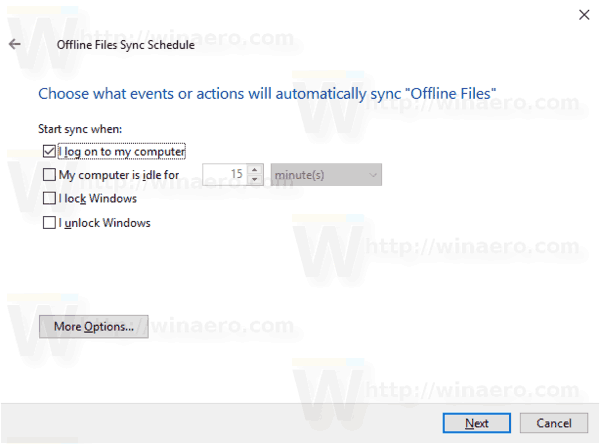 Plán synchronizace souborů offline systému Windows 10 na události 2