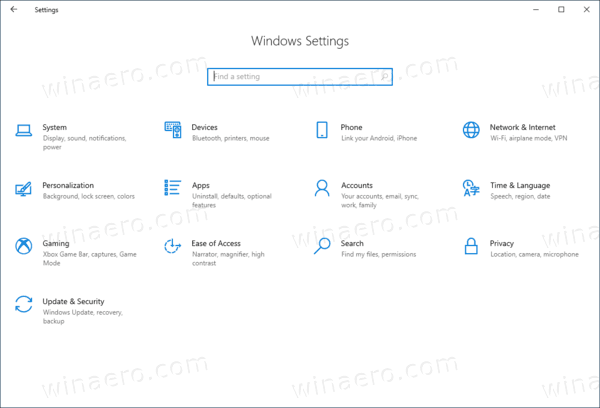 Aplicativo de configurações do Windows 10
