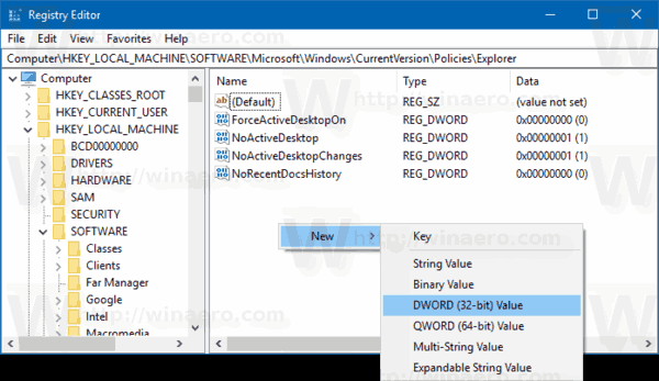 Ключ за правилата на системния регистър на Windows 10 New Dword