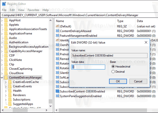 Dezactivați setările anunțurilor în Windows 10 cu modificarea registrului