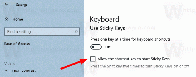 Windows 10 გამორთეთ Sticky Keys Shortcut პარამეტრებში