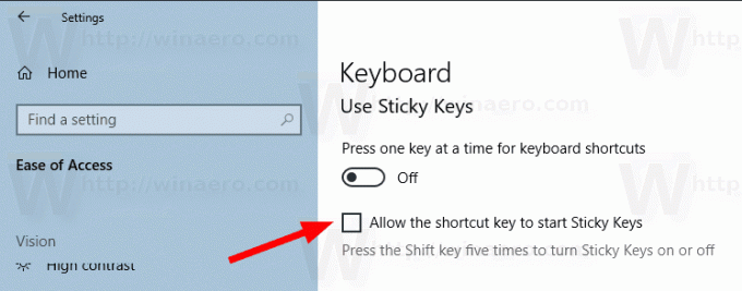 विंडोज 10 सेटिंग्स में स्टिकी की शॉर्टकट अक्षम करें
