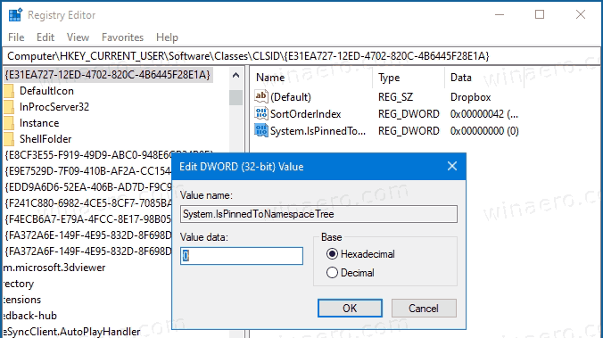 Rimuovi Dropbox da Windows 10 File Explorer nel registro