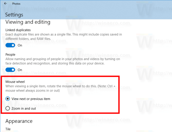Aplikacija za fotografije za Windows 10 Spremeni dejanje kolesca miške