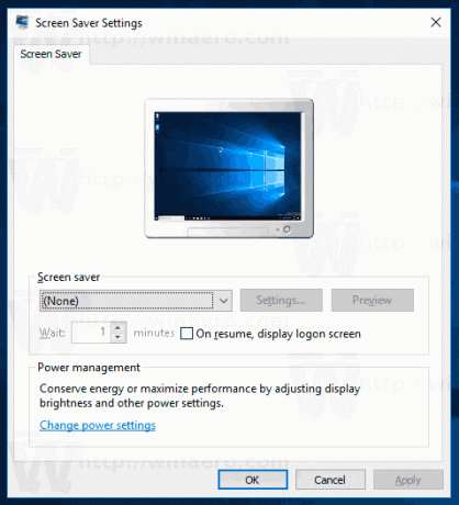 Klassisk pauseskærmdialog i Windows 10