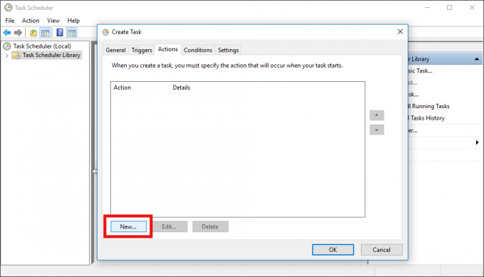 Windows 10 Okno Create Task (Vytvoriť úlohu) karta Akcie nové tlačidlo