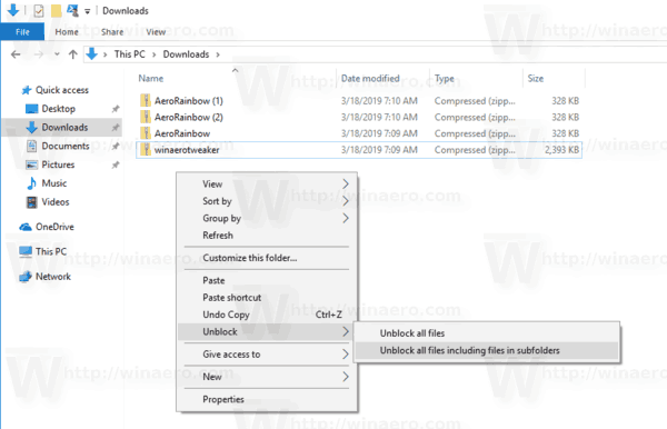 Windows 10 Kontextová nabídka Odblokování souborů 1