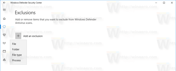 Windows Defender Přidat nabídku vyloučení