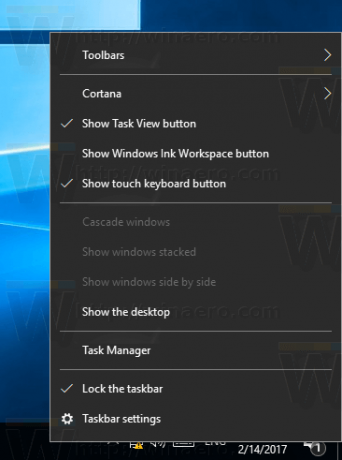 Kontekstni izbornik trake zadataka sustava Windows 10