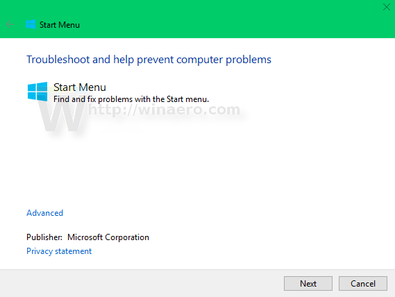 Windows 10 प्रारंभ मेनू समस्या निवारक