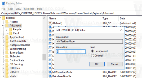 Скриване на бутоните на лентата на задачите в системния регистър на Windows 10