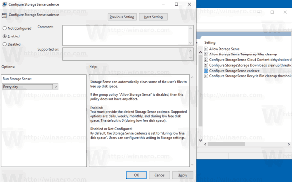 Programação de execução da política de grupo do Windows 10 Storage Sense