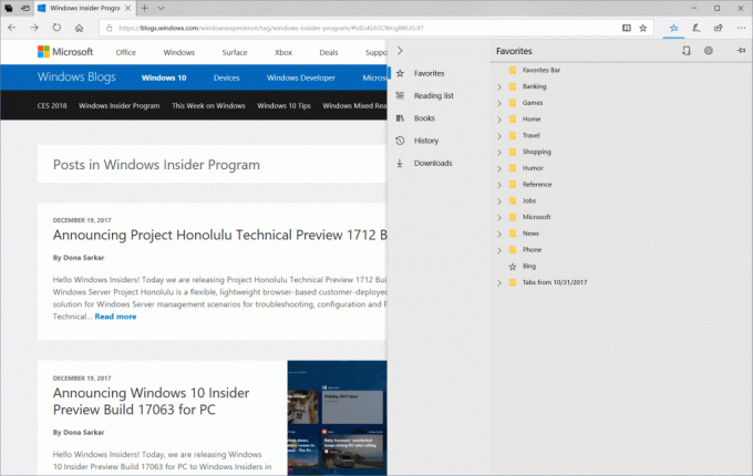 Skärmdump som visar den nya hubben öppnad i Microsoft Edge, med navigeringsfönstret utökat för att visa Favoriter, Läslista, Böcker, Historik och Nedladdningar.