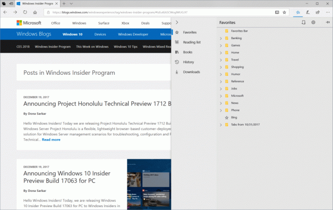 Ekrano vaizdas, kuriame rodomas naujasis „Microsoft Edge“ atidarytas centras, o naršymo sritis išplėsta, kad būtų rodomi parankiniai, skaitymo sąrašas, knygos, istorija ir atsisiuntimai.