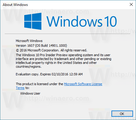 Windows 10 sestavení 14901 winver