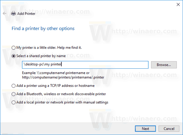 Windows 10 Gemeinsamen Drucker nach Namen hinzufügen