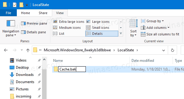 Windows10キャッシュフォルダの名前を変更
