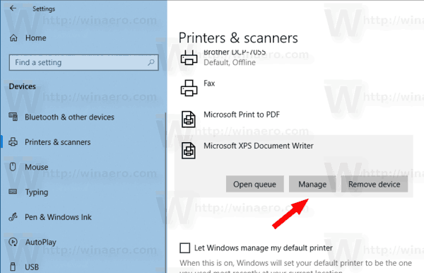 Windows 10 Yazıcıları Yönet Düğmesi