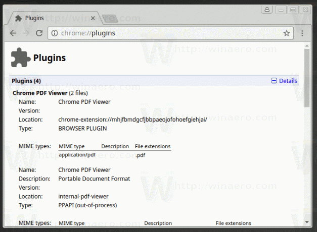 Stránka pluginů pro Chrome